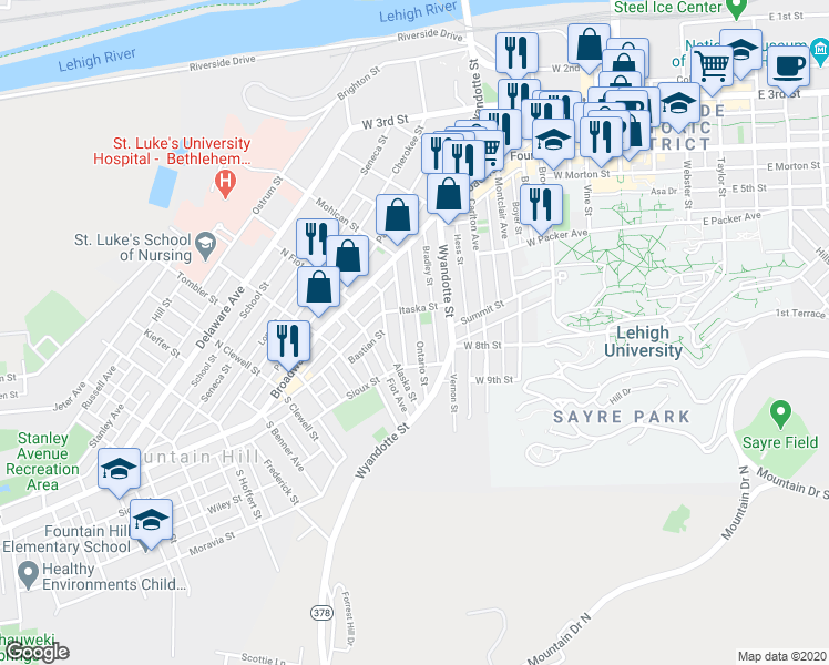 map of restaurants, bars, coffee shops, grocery stores, and more near 624 Ontario Street in Bethlehem