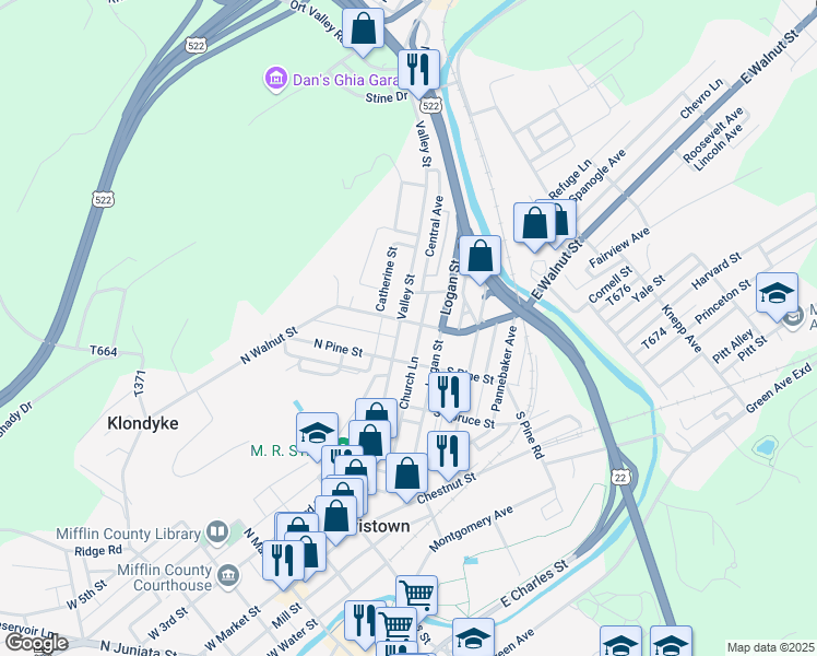 map of restaurants, bars, coffee shops, grocery stores, and more near 330 Valley Street in Lewistown