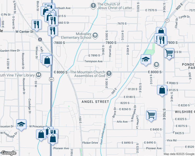 map of restaurants, bars, coffee shops, grocery stores, and more near 252 East Hammermill Lane in Sandy