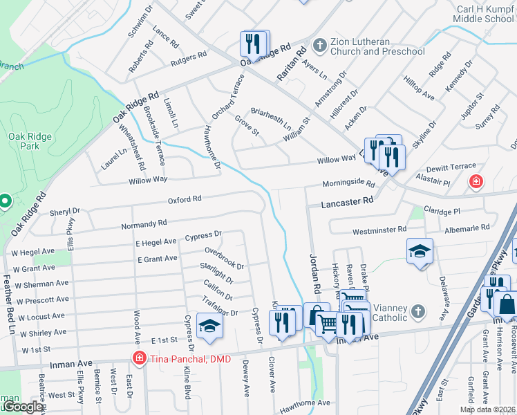 map of restaurants, bars, coffee shops, grocery stores, and more near 2 Normandy Road in Woodbridge Township