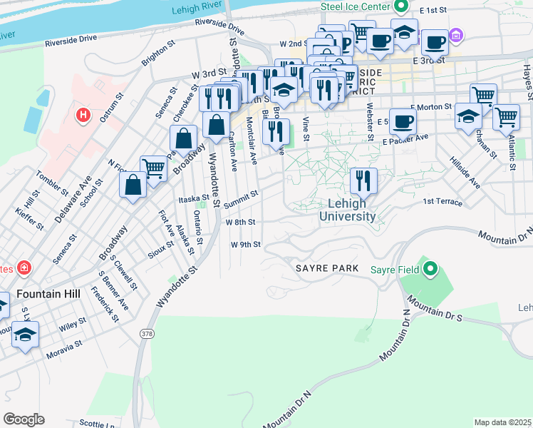 map of restaurants, bars, coffee shops, grocery stores, and more near 631 Montclair Avenue in Bethlehem