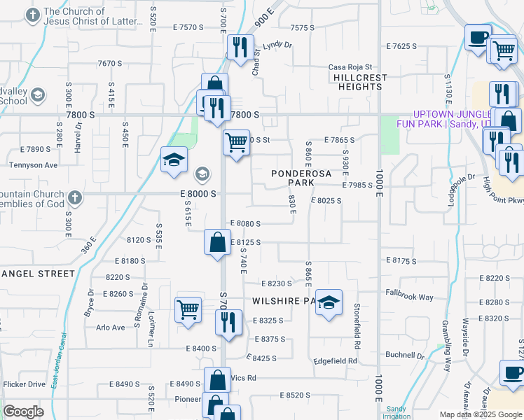 map of restaurants, bars, coffee shops, grocery stores, and more near 772 Raintree Avenue in Sandy