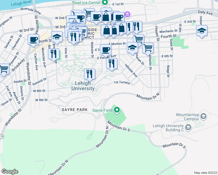 map of restaurants, bars, coffee shops, grocery stores, and more near 400 1st Terrace in Bethlehem
