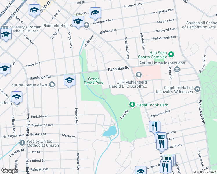 map of restaurants, bars, coffee shops, grocery stores, and more near 1254 Arlington Avenue in Plainfield