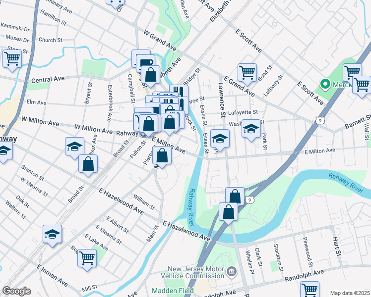 map of restaurants, bars, coffee shops, grocery stores, and more near 200 East Milton Avenue in Rahway