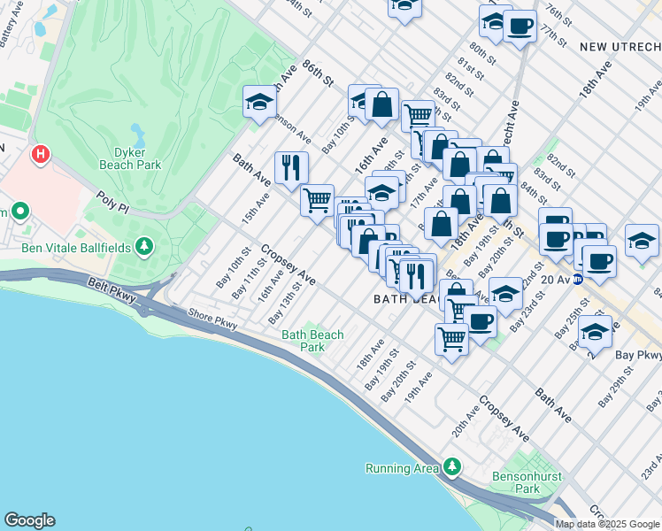 map of restaurants, bars, coffee shops, grocery stores, and more near 204 Bay 14th Street in Brooklyn
