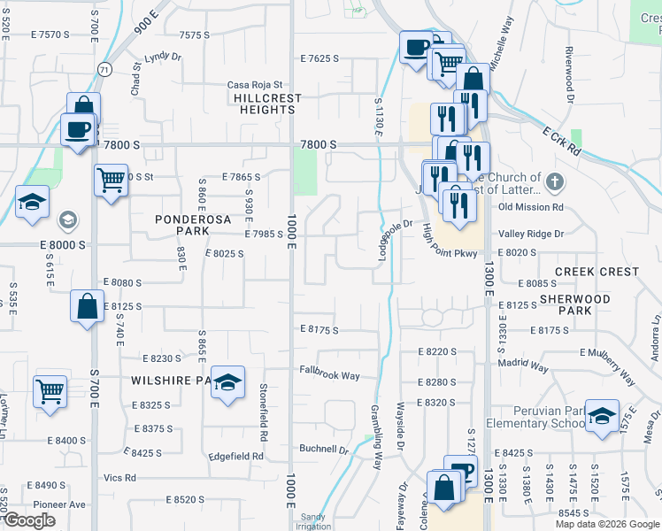 map of restaurants, bars, coffee shops, grocery stores, and more near 8051 Barnwood Way in Sandy