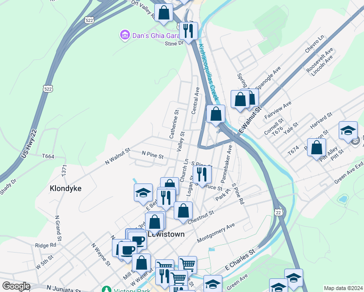 map of restaurants, bars, coffee shops, grocery stores, and more near 330 Valley Street in Lewistown
