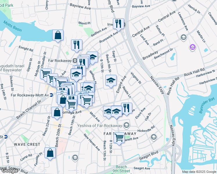 map of restaurants, bars, coffee shops, grocery stores, and more near 11-07 Beach 9th Street in Queens