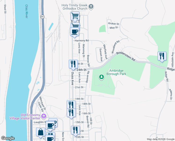 map of restaurants, bars, coffee shops, grocery stores, and more near 2324 Beaver Road in Ambridge