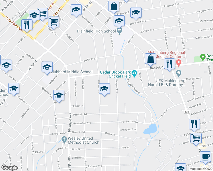 map of restaurants, bars, coffee shops, grocery stores, and more near 1036 Madison Avenue in Plainfield