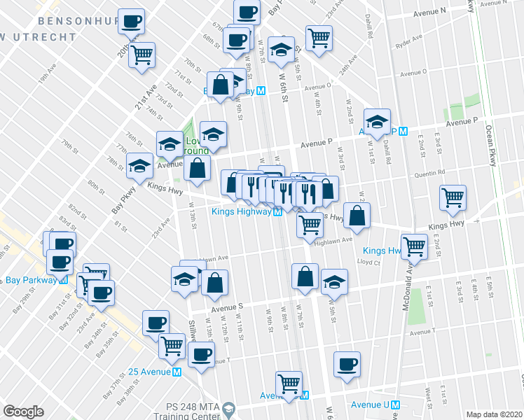 map of restaurants, bars, coffee shops, grocery stores, and more near 248 Kings Highway in Brooklyn
