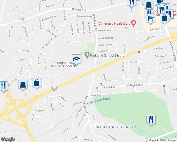 map of restaurants, bars, coffee shops, grocery stores, and more near 4236 Crackersport Road in Allentown