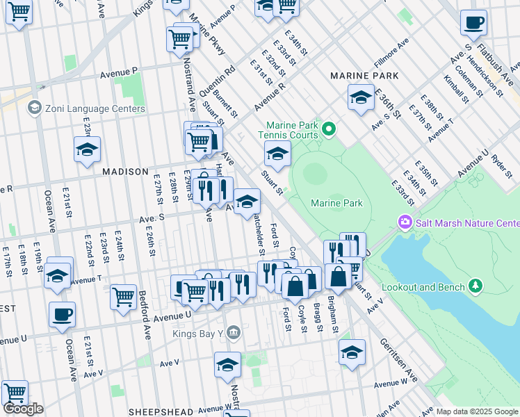 map of restaurants, bars, coffee shops, grocery stores, and more near 1915 Batchelder Street in Brooklyn