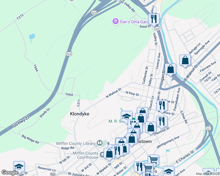 map of restaurants, bars, coffee shops, grocery stores, and more near 212 North Walnut Street in Lewistown