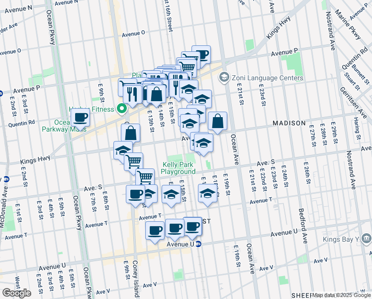 map of restaurants, bars, coffee shops, grocery stores, and more near 1830 East 16th Street in Brooklyn