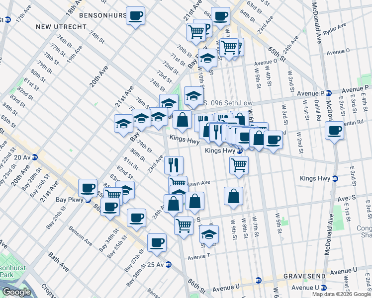 map of restaurants, bars, coffee shops, grocery stores, and more near 58 Quentin Road in Brooklyn