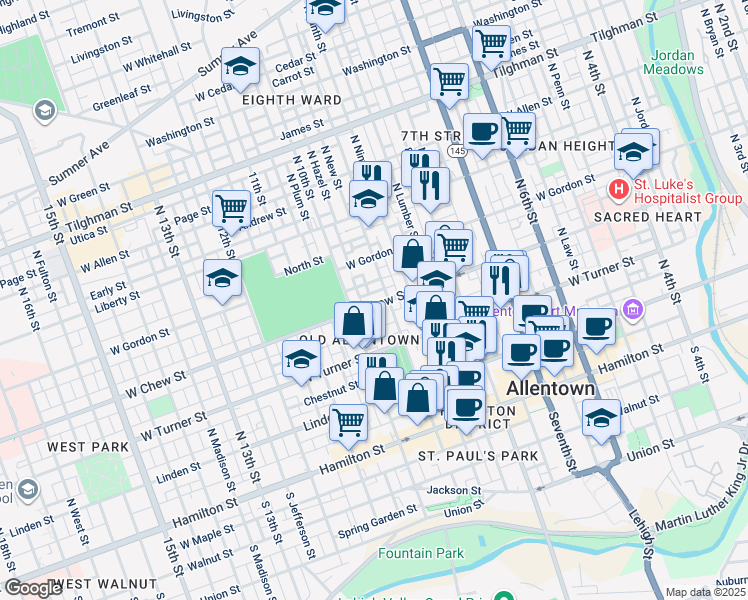 map of restaurants, bars, coffee shops, grocery stores, and more near 939 West Chew Street in Allentown