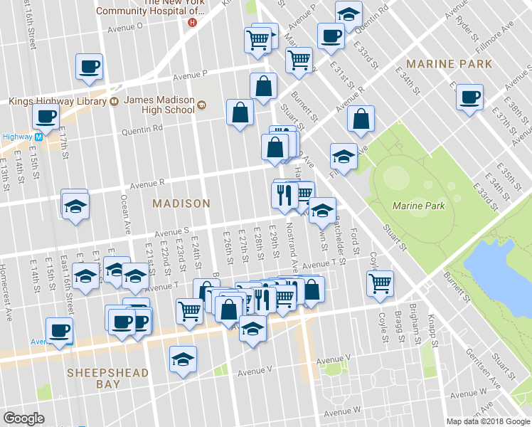 map of restaurants, bars, coffee shops, grocery stores, and more near 2819 Avenue S in Brooklyn