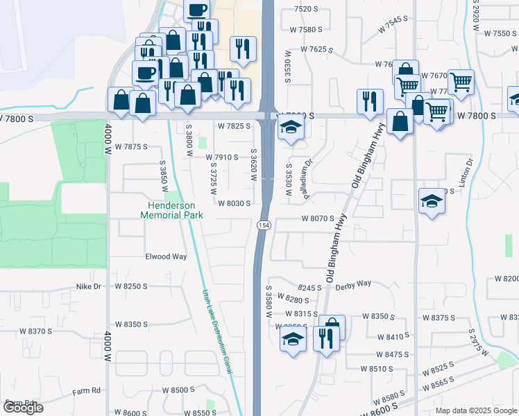 map of restaurants, bars, coffee shops, grocery stores, and more near 3570 West 8070 South in West Jordan