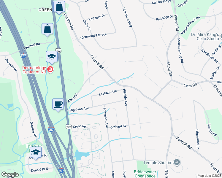 map of restaurants, bars, coffee shops, grocery stores, and more near 241 Leeham Avenue in Bridgewater Township