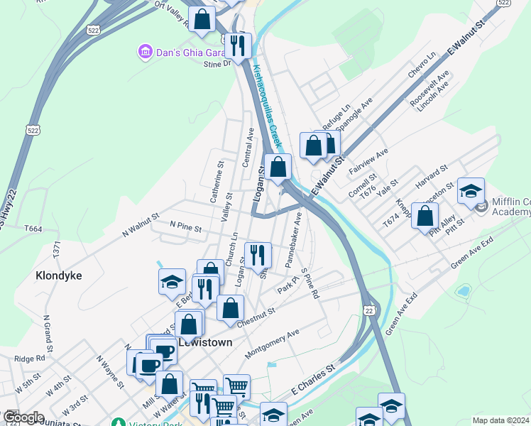 map of restaurants, bars, coffee shops, grocery stores, and more near 109 South Walnut Street in Lewistown