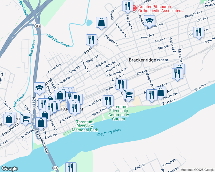 map of restaurants, bars, coffee shops, grocery stores, and more near 729 East 6th Avenue in Tarentum