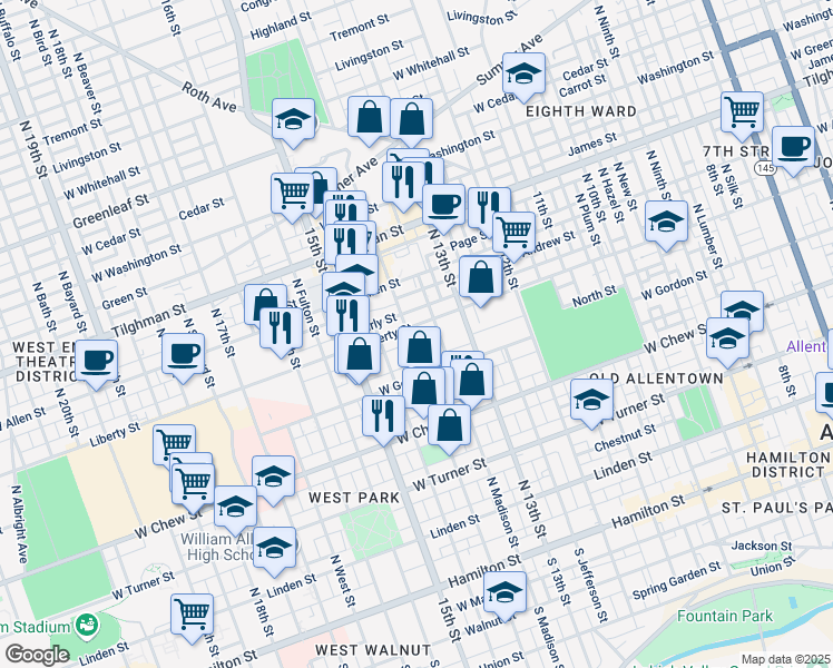 map of restaurants, bars, coffee shops, grocery stores, and more near 1348 Liberty Street in Allentown