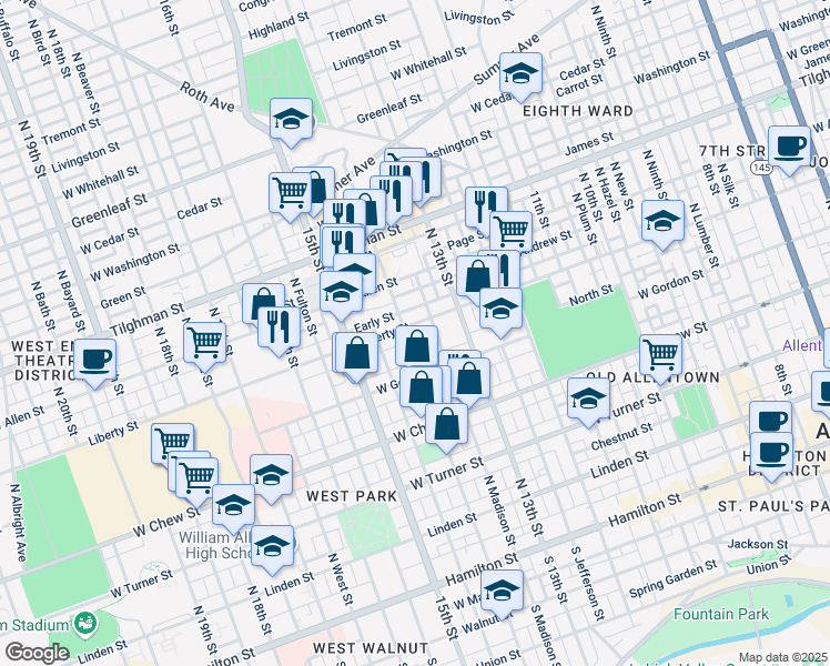 map of restaurants, bars, coffee shops, grocery stores, and more near 1348 Liberty Street in Allentown