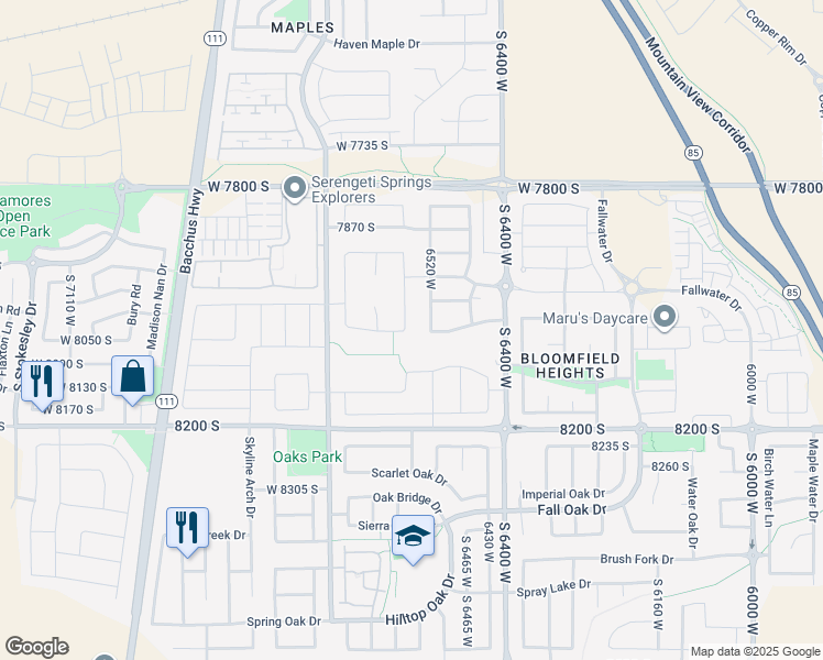 map of restaurants, bars, coffee shops, grocery stores, and more near 8043 South Ambrosia Lane in West Jordan