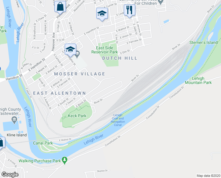 map of restaurants, bars, coffee shops, grocery stores, and more near 513 River Drive in Allentown