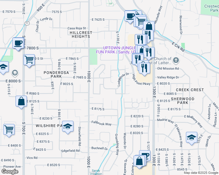 map of restaurants, bars, coffee shops, grocery stores, and more near 1111 8050 South in Sandy