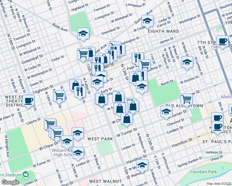 map of restaurants, bars, coffee shops, grocery stores, and more near 1352 Liberty Street in Allentown