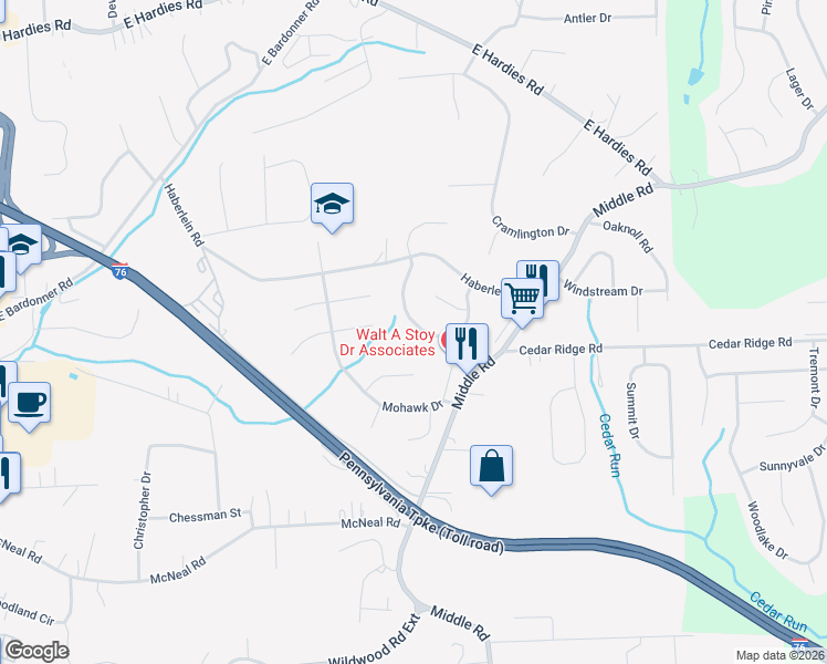 map of restaurants, bars, coffee shops, grocery stores, and more near 5035 Meadowridge Lane in Gibsonia