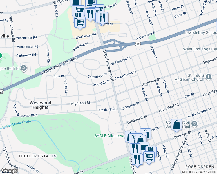 map of restaurants, bars, coffee shops, grocery stores, and more near 3115 Congress Street in Allentown