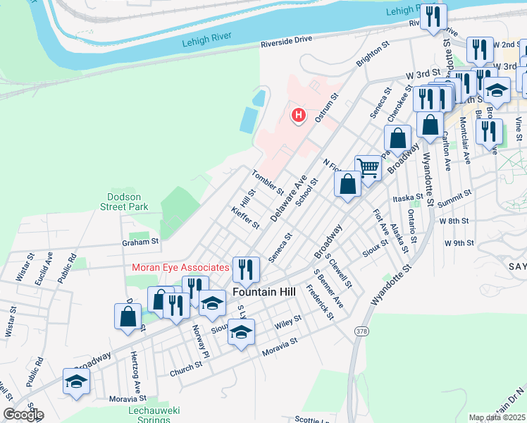 map of restaurants, bars, coffee shops, grocery stores, and more near 820 North Clewell Street in Fountain Hill