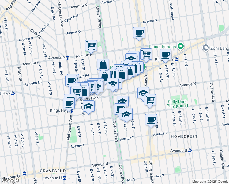 map of restaurants, bars, coffee shops, grocery stores, and more near 1791 Ocean Parkway in Brooklyn