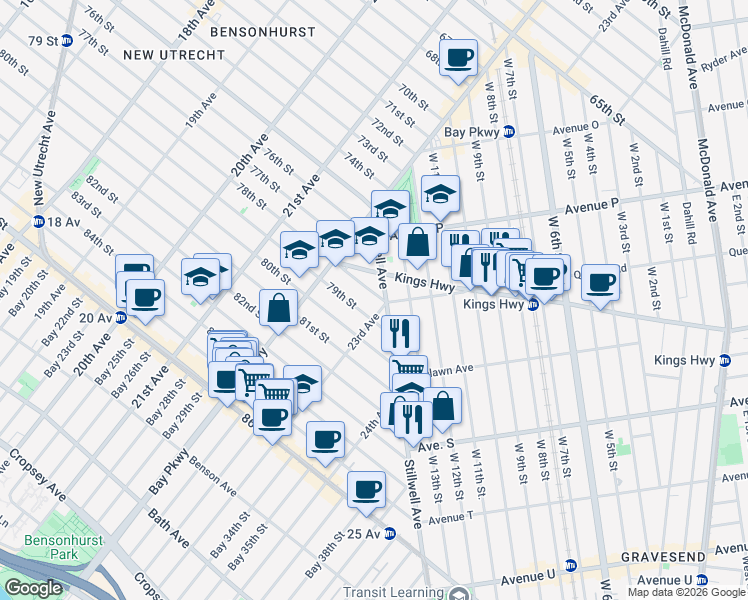 map of restaurants, bars, coffee shops, grocery stores, and more near 2274 78th Street in Brooklyn