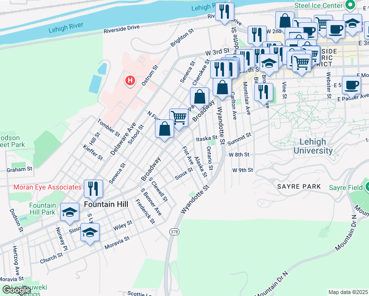 map of restaurants, bars, coffee shops, grocery stores, and more near 800 Itaska Street in Bethlehem