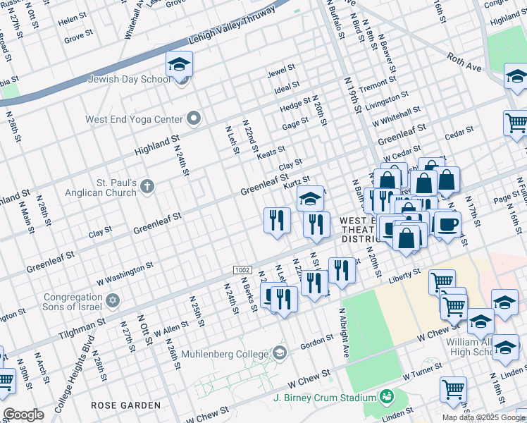 map of restaurants, bars, coffee shops, grocery stores, and more near 2207 West Washington Street in Allentown