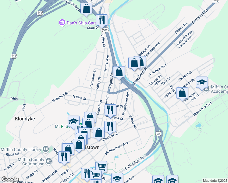 map of restaurants, bars, coffee shops, grocery stores, and more near 109 South Walnut Street in Lewistown