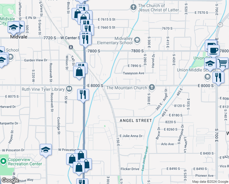 map of restaurants, bars, coffee shops, grocery stores, and more near 143 Station Street in Sandy