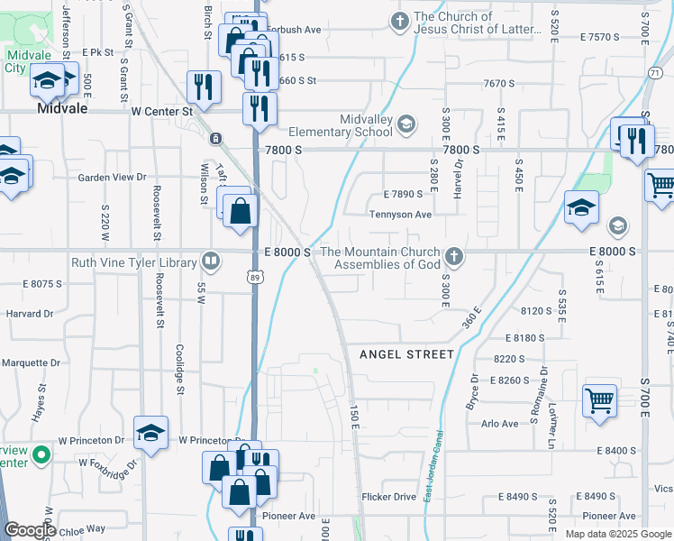 map of restaurants, bars, coffee shops, grocery stores, and more near 135 Station Street in Sandy