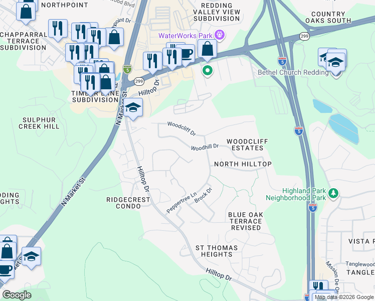 map of restaurants, bars, coffee shops, grocery stores, and more near 263 Woodhill Drive in Redding