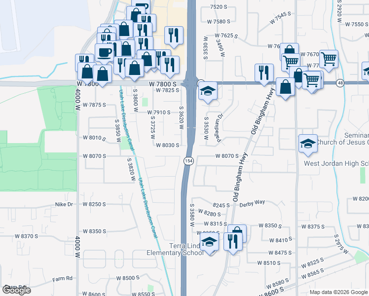 map of restaurants, bars, coffee shops, grocery stores, and more near 3570 West 8070 South in West Jordan