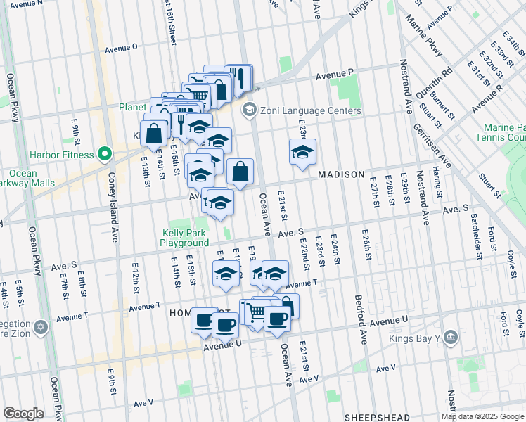 map of restaurants, bars, coffee shops, grocery stores, and more near 2330 Ocean Avenue in Brooklyn