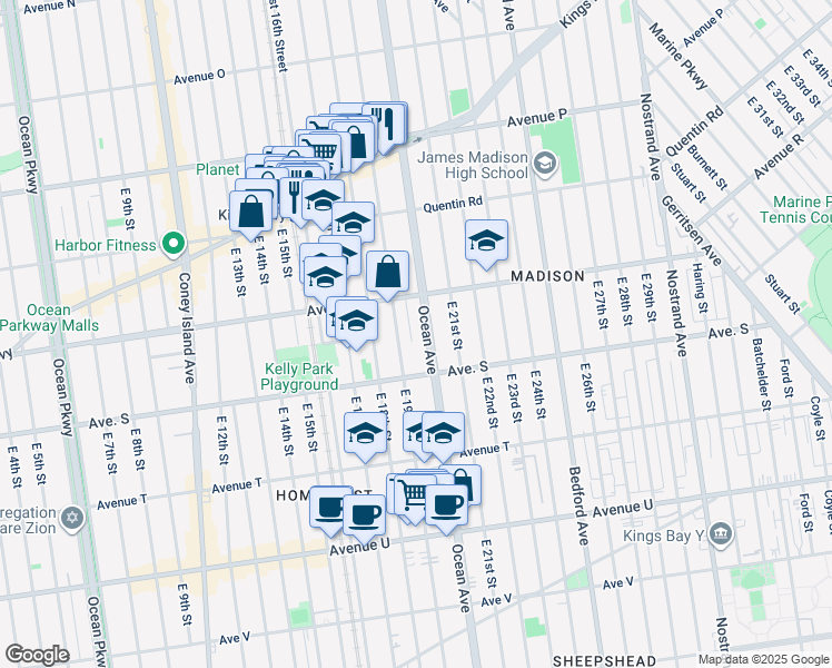 map of restaurants, bars, coffee shops, grocery stores, and more near 2330 Ocean Avenue in Brooklyn