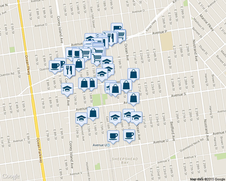 map of restaurants, bars, coffee shops, grocery stores, and more near 1836 East 17th Street in Brooklyn
