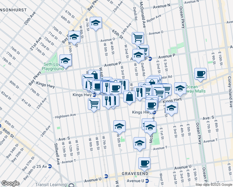 map of restaurants, bars, coffee shops, grocery stores, and more near 355 Kings Highway in Brooklyn