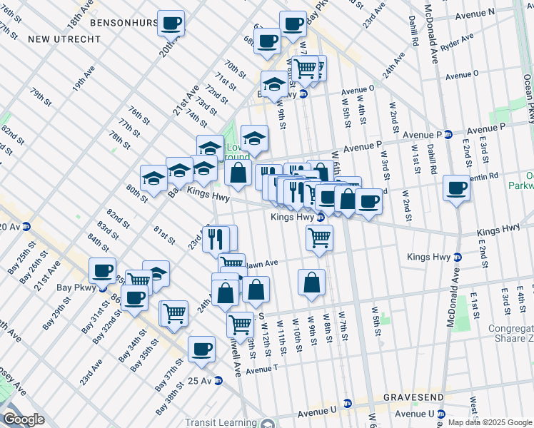map of restaurants, bars, coffee shops, grocery stores, and more near 58 Quentin Road in Brooklyn